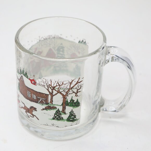 Vintage Libbey Winter Village Glass Coffee Christmas Mug Pine Trees Red Barn 90s - Picture 4 of 8